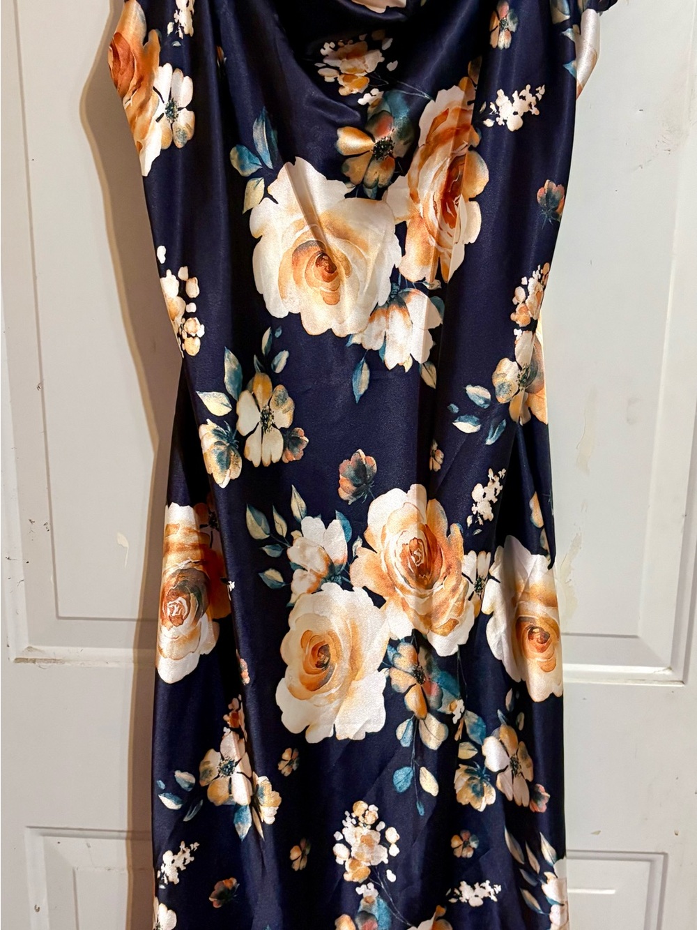 Navy Satin Floral Midi Dress with Peach and Cream Roses